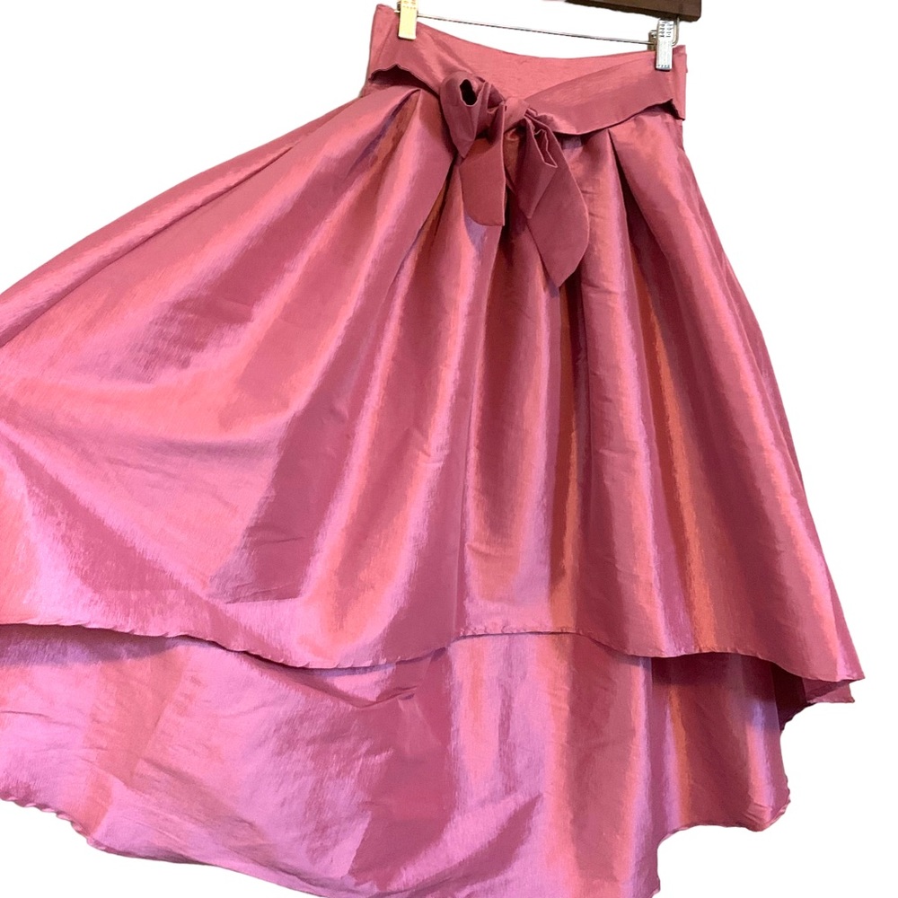 Haute Monde M/L hi low a-line midi pink shine skirt w bow fit n flare - Picture 2 of 6
